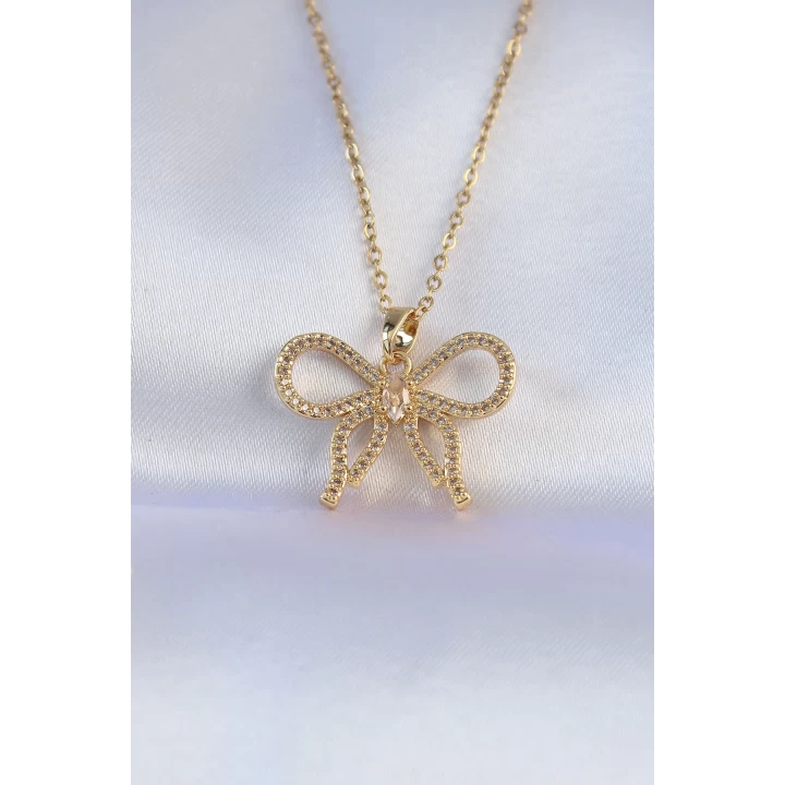 316L Çelik Zincir Gold Renk Zirkon Taşlı Fiyonk Kolye - TJ-BKO8742