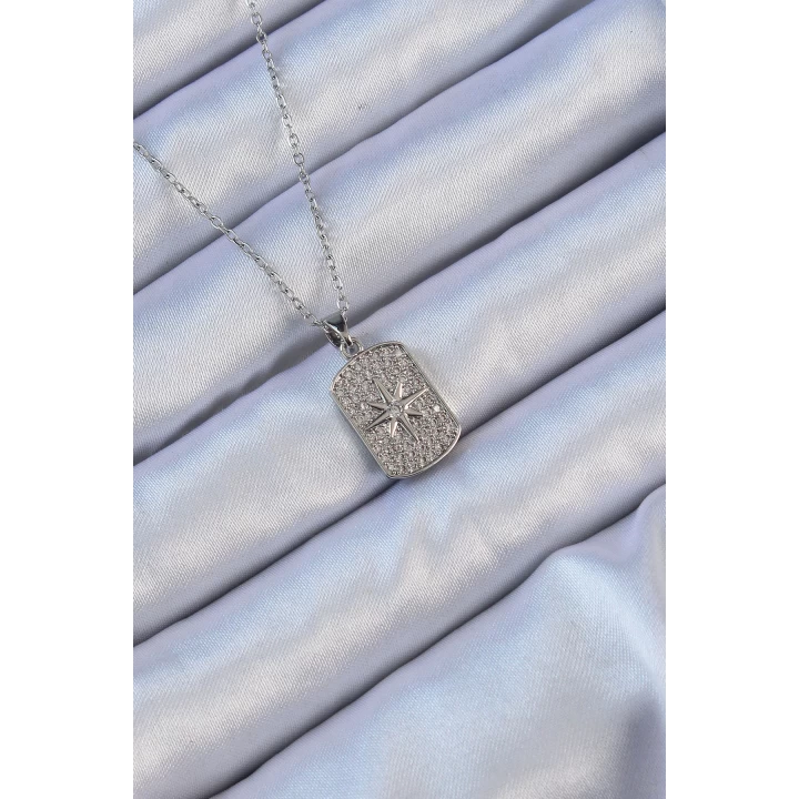 316L Çelik Zincir Gümüş Renk Zirkon Taşlı Kutup Yıldızlı Vintage Kolye - TJ-BKO9124