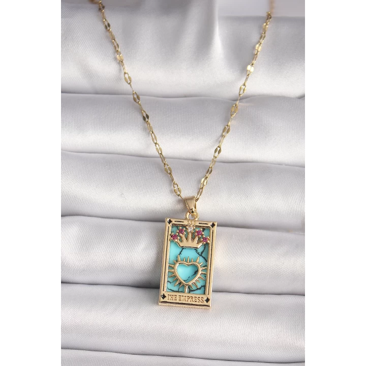 316L Gold Renk Pembe Zirkon Taşlı Taç Kalp Portre Model Kadın Kolye - TJ-BKO9670