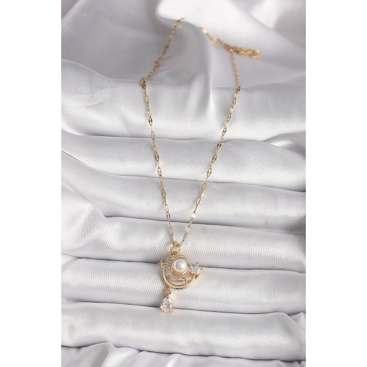 316L Gold Renk Zirkon Taşlı Ay Yıldız Model Sallantı Detay Kadın Kolye - TJ-BKO9672