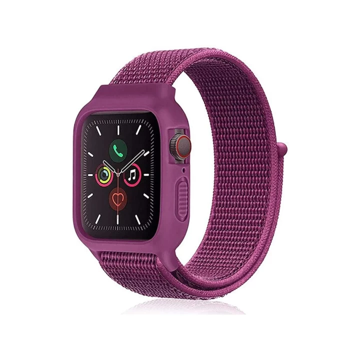 Apple Watch 38mm Hasırlı Cırtcırtlı Kasalı Kordon - Fuşya