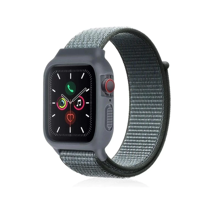 Apple Watch 42mm Hasırlı Cırtcırtlı Kasalı Kordon - Gri-Turkuaz