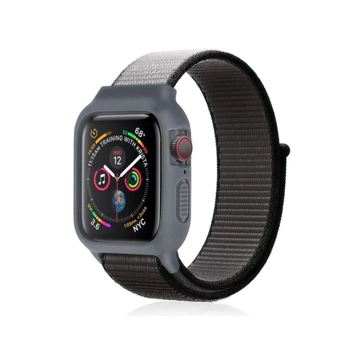 Apple Watch 42mm Hasırlı Cırtcırtlı Kasalı Kordon - Siyah-Gri