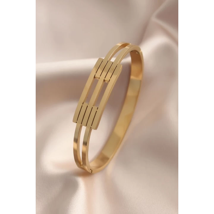 Çelik Gold Renk Kaburga Model Kelepçe Kadın Bileklik - TJ-BB4662