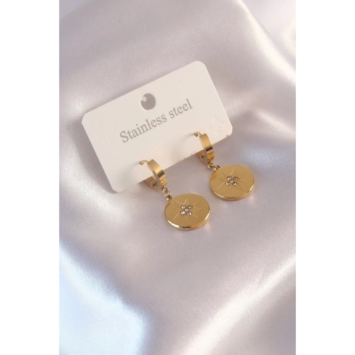 Çelik Gold Renk Kutup Yıldızı İşleme Zirkon Taşlı Kadın Küpe - TJ-BKP6961