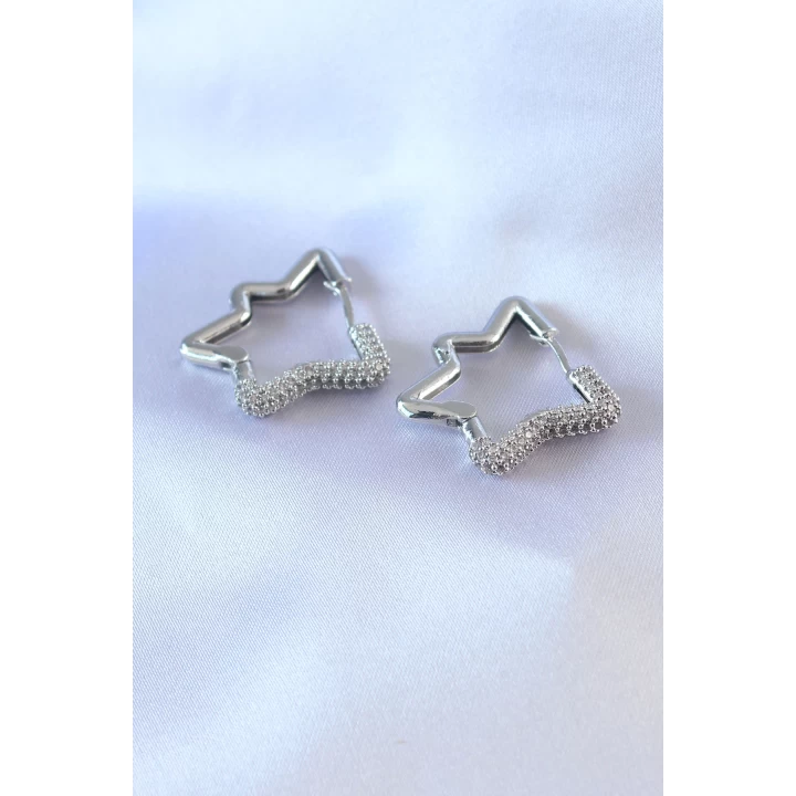 Gümüş Renk Yıldız Model Zirkon Taşlı Pirinç Kadın Küpe - TJ-BKP7528