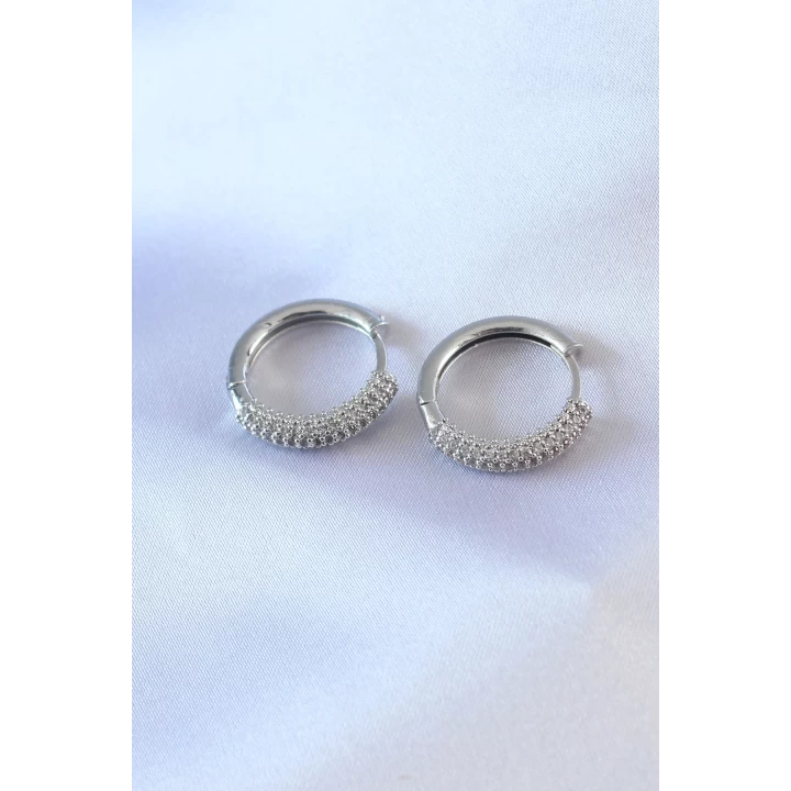 Gümüş Renk Zirkon Taşlı Halka Model Pirinç Kadın Küpe - TJ-BKP7525