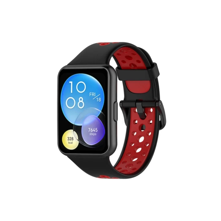 Huawei Watch Fit 2 Spor Delikli Kordon - Siyah-Kırmızı