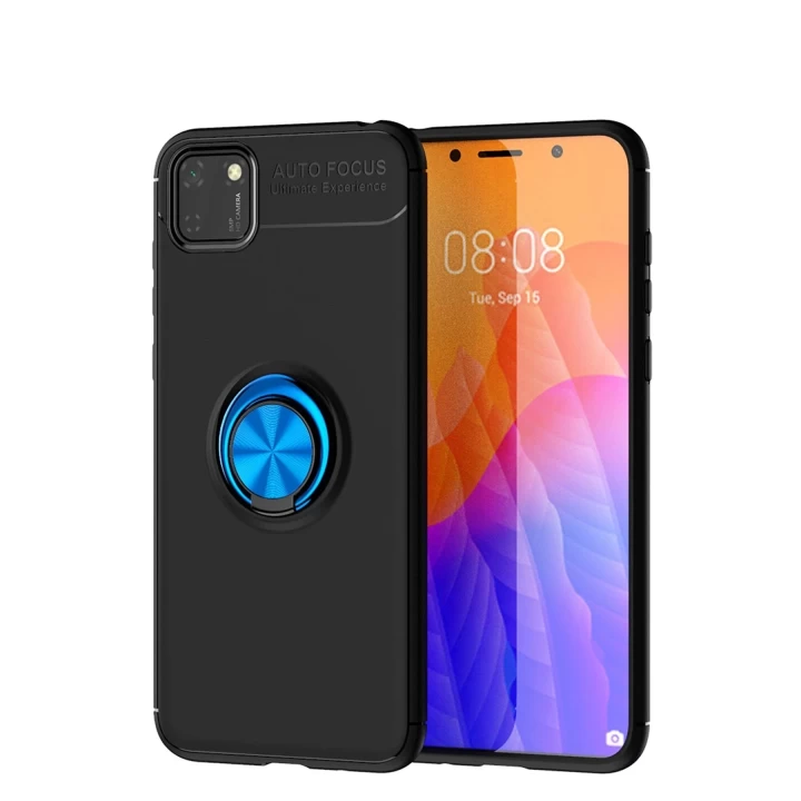 Huawei Y5P Kılıf Range Yüzüklü Silikon - Siyah-Mavi