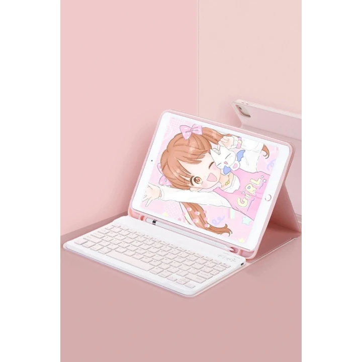 iPad 5 Air 9.7 Kılıf KC01 Smart Klavyeli Tablet Kılıfı - Pembe
