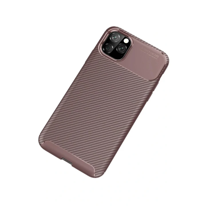 iPhone 11 Pro Max Kılıf Auto Focus Karbon Kapak - Kahverengi