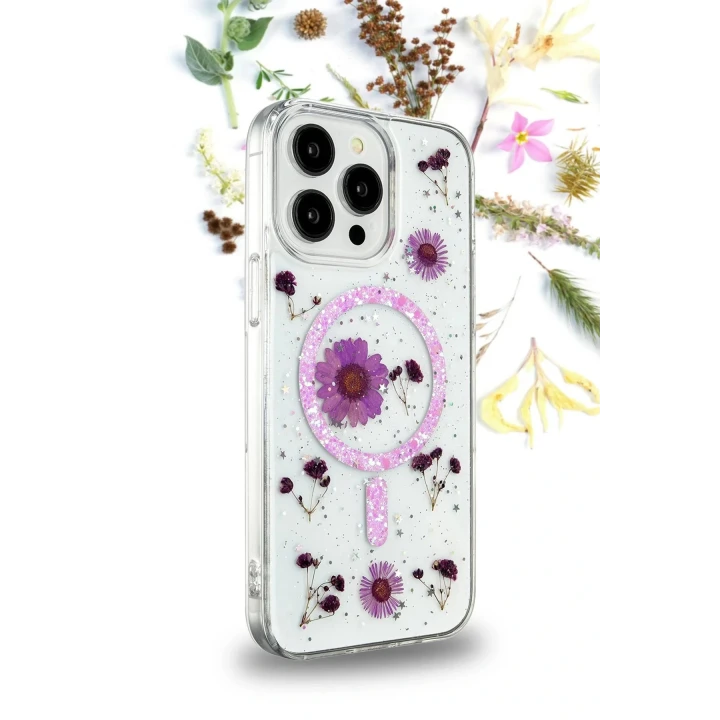 iPhone 12 Kılıf Daisy Simli Magsafe Kapak - Pembe