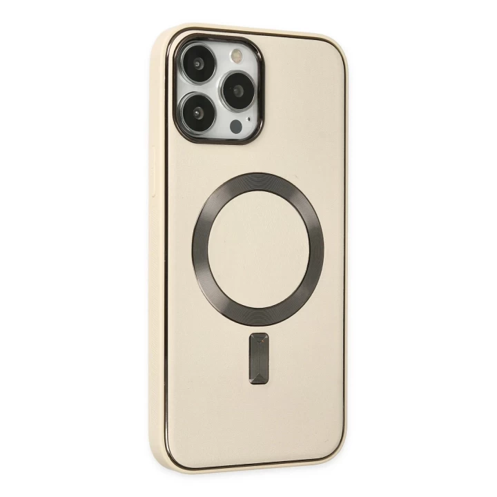 iPhone 13 Pro Kılıf Coco Deri Magneticsafe Silikon - Krem
