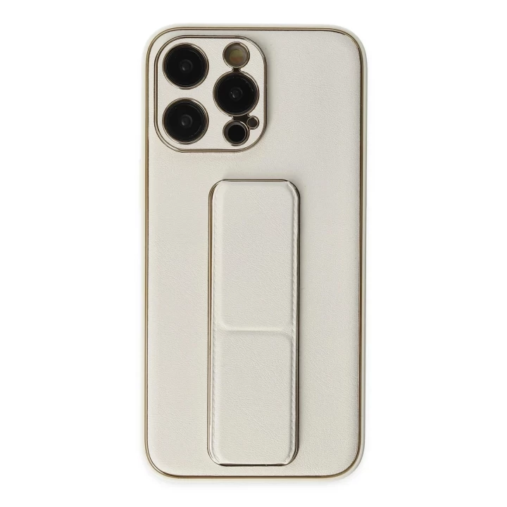 iPhone 13 Pro Kılıf Coco Deri Standlı Kapak - Beyaz