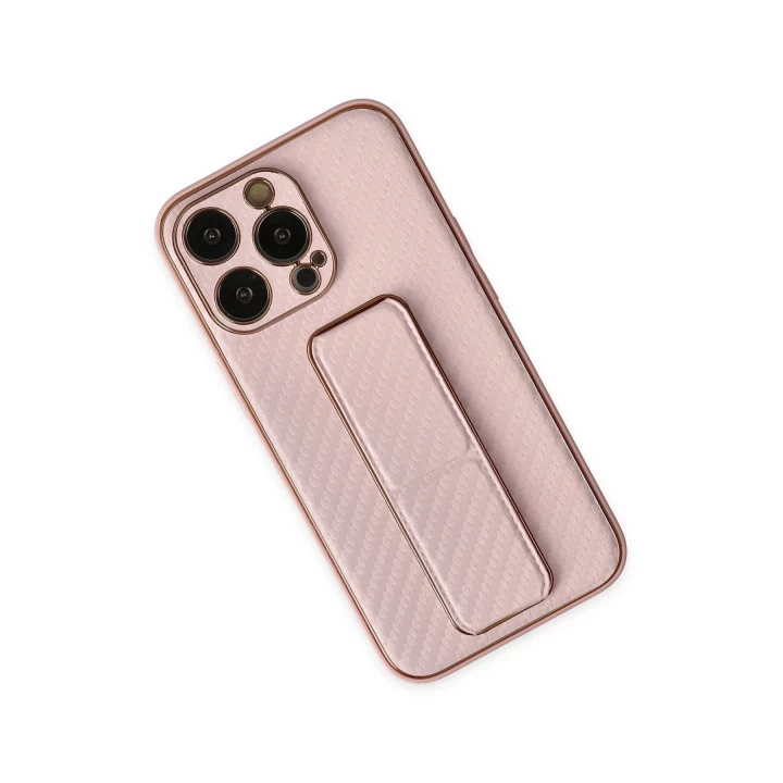 iPhone 13 Pro Kılıf Coco Karbon Standlı Kapak - Pembe