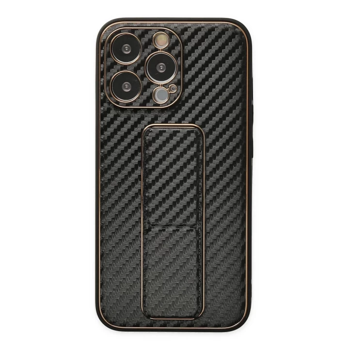 iPhone 13 Pro Kılıf Coco Karbon Standlı Kapak - Siyah