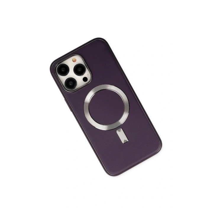 iPhone 13 Pro Max Kılıf Coco Deri Magneticsafe Silikon - Derin Mor