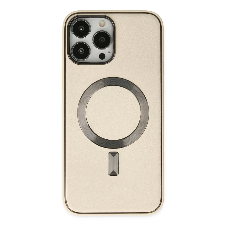 iPhone 13 Pro Max Kılıf Coco Deri Magneticsafe Silikon - Krem