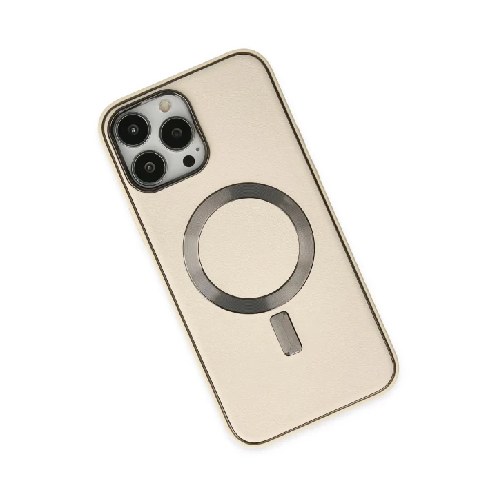 iPhone 13 Pro Max Kılıf Coco Deri Magneticsafe Silikon - Krem