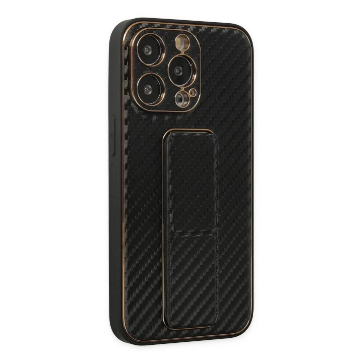 iPhone 13 Pro Max Kılıf Coco Karbon Standlı Kapak - Siyah