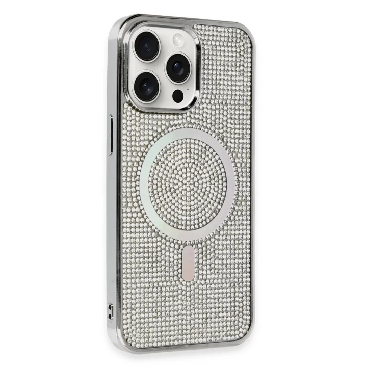 iPhone 15 Pro Kılıf Diamond Magsafe Kapak - Gümüş
