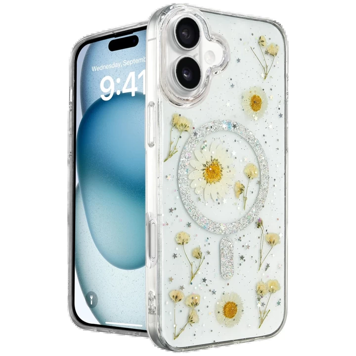 iPhone 16 Kılıf Daisy Simli Magsafe Kapak - Gümüş