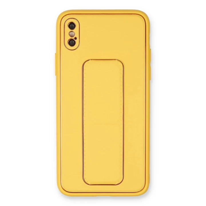 iPhone XS Max Kılıf Coco Deri Standlı Kapak - Sarı