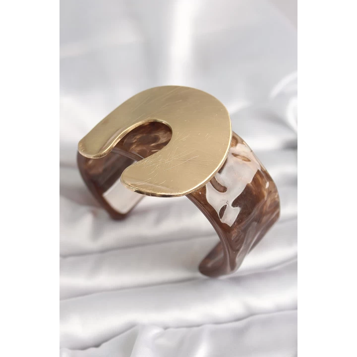 Kahverengi Mermer Desen Akrilik Plastik Gold Nal Model Plaka Vintage Kadın Bilezik - TJ-BB6678