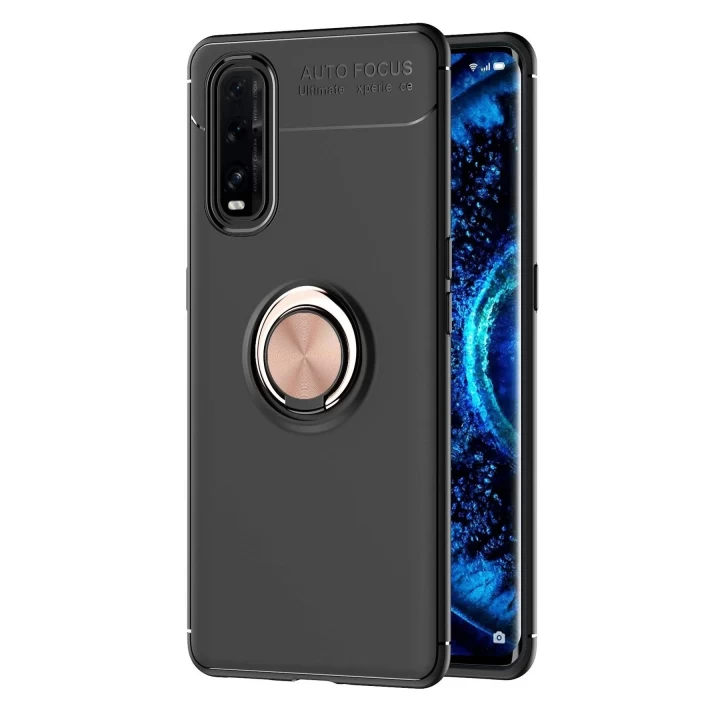 Oppo Find X2 Kılıf Range Yüzüklü Silikon - Siyah-Gold
