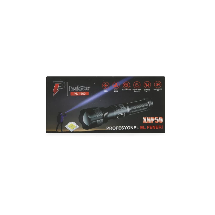 PeakStar Ps-1600 Süper Parlak Led Zoomlu 5 Mod Su Geçirmez Profesyonel Kamp Bekçi Avcı Feneri