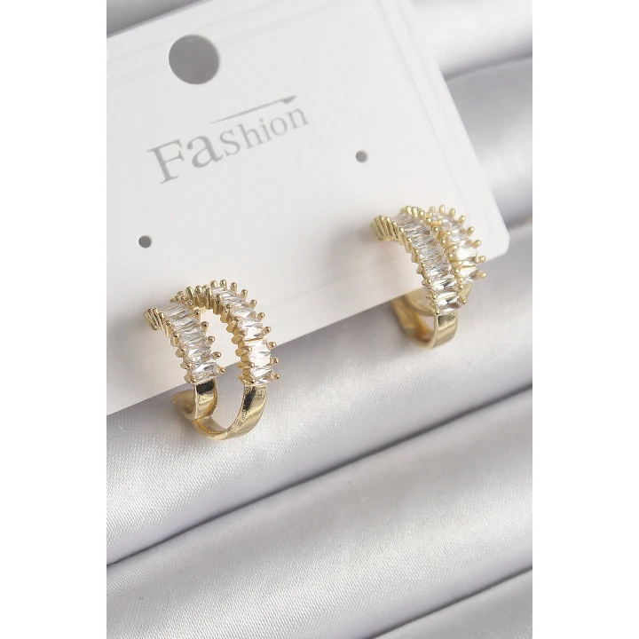 Pirinç Gold Renk 2Li Zirkon Taşlı Halka Model Kadın Küpe - TJ-BKP9975