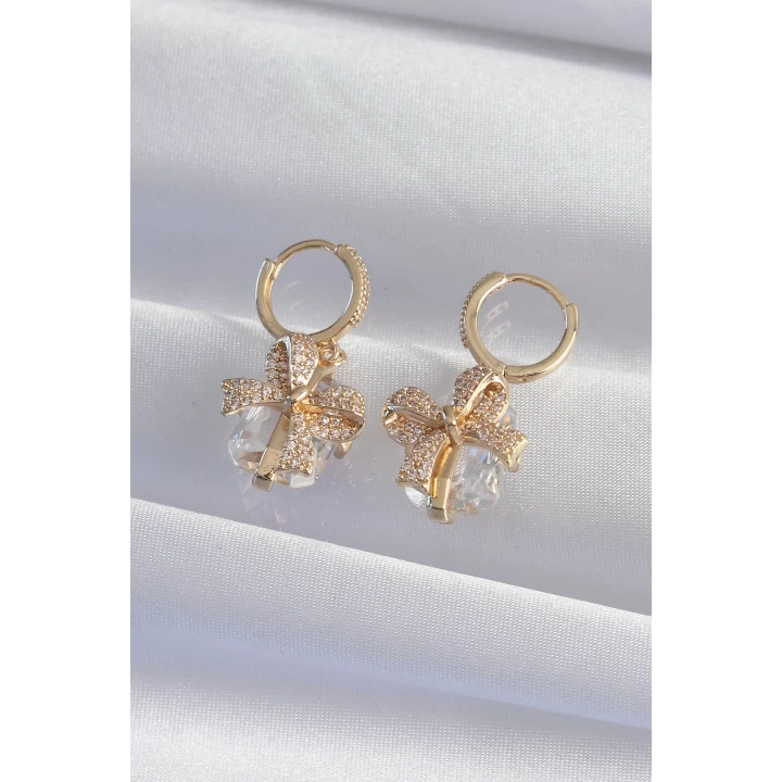Pirinç Gold Renk İri Zirkon Taşlı Fiyonk Model Halka Küpe - TJ-BKP9313