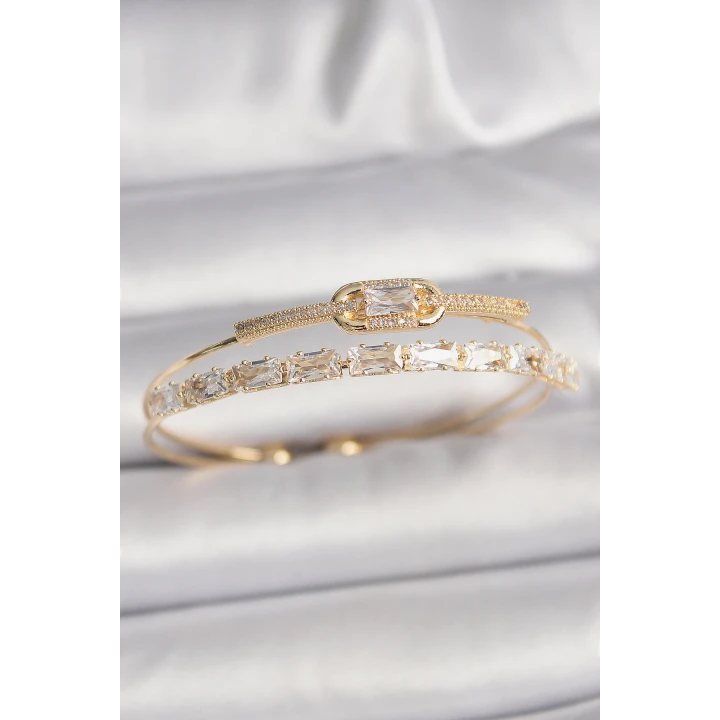 Pirinç Gold Renk Kare Zirkon Taşlı Kadın Bileklik - TJ-BB6535