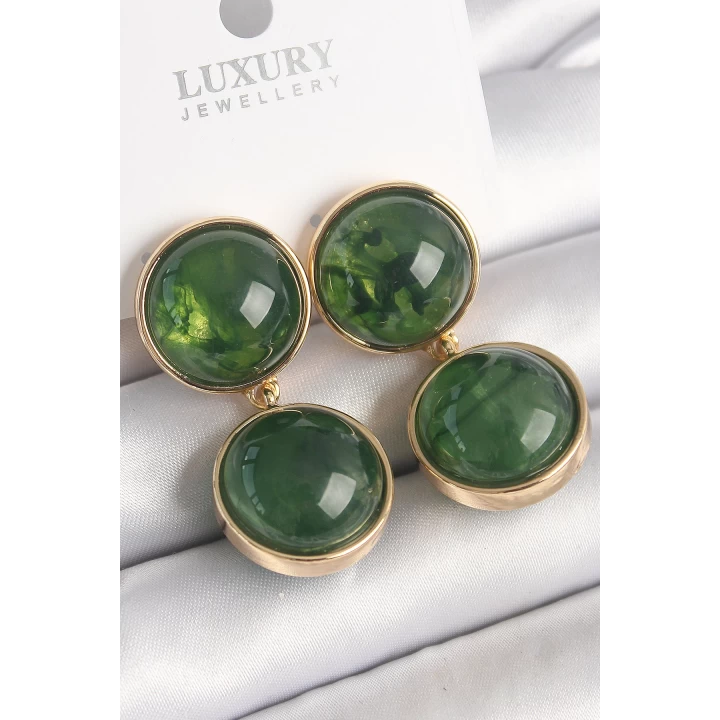 Pirinç Gold Renk Sallantı Yeşil Mineli Daire Model Kadın Küpe - TJ-BKP10050