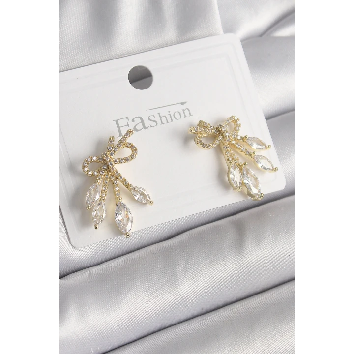 Pirinç Gold Renk Zirkon Taşlı Düğüm Model Damla Zirkon Taşlı Kadın Küpe - TJ-BKP9971