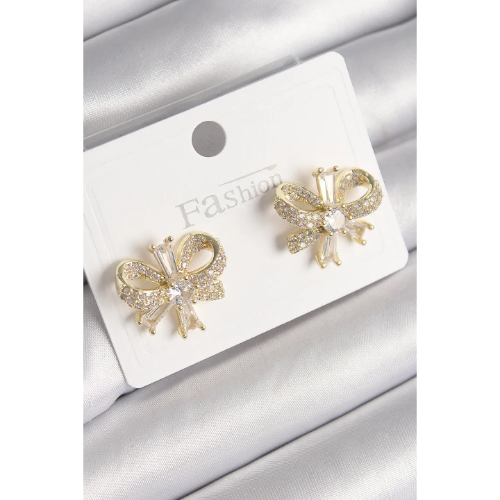 Pirinç Gold Renk Zirkon Taşlı Fiyonk Model Kadın Küpe - TJ-BKP9780