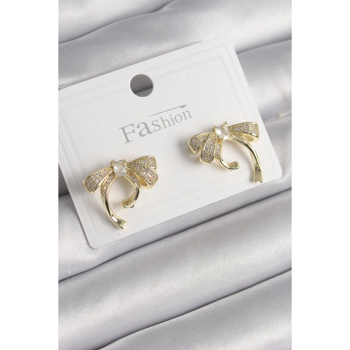 Pirinç Gold Renk Zirkon Taşlı Fiyonk Model Kadın Küpe - TJ-BKP9999