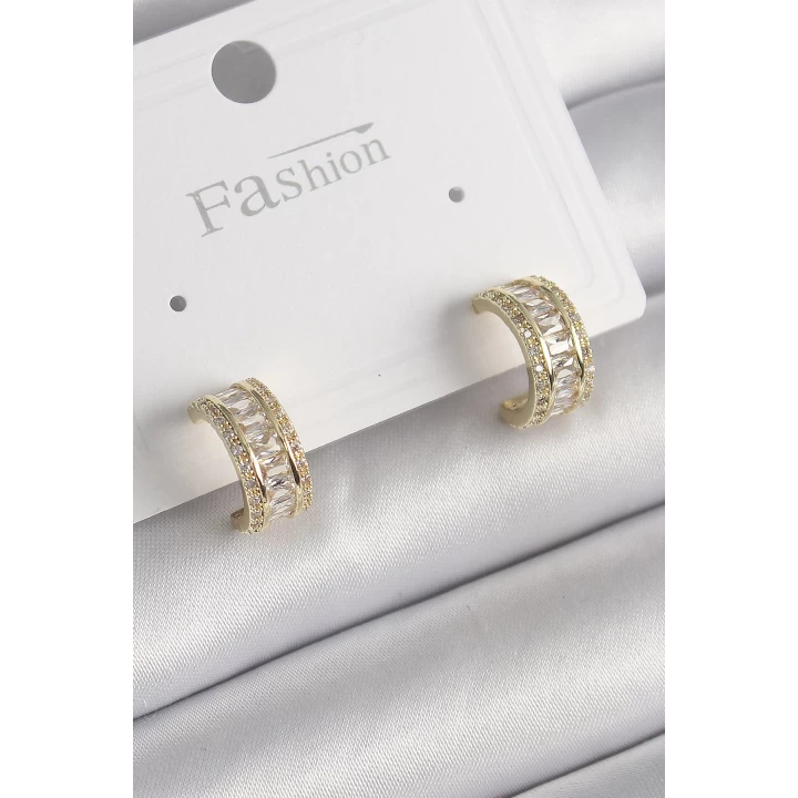 Pirinç Gold Renk Zirkon Taşlı Halka Model Kadın Küpe - TJ-BKP9987