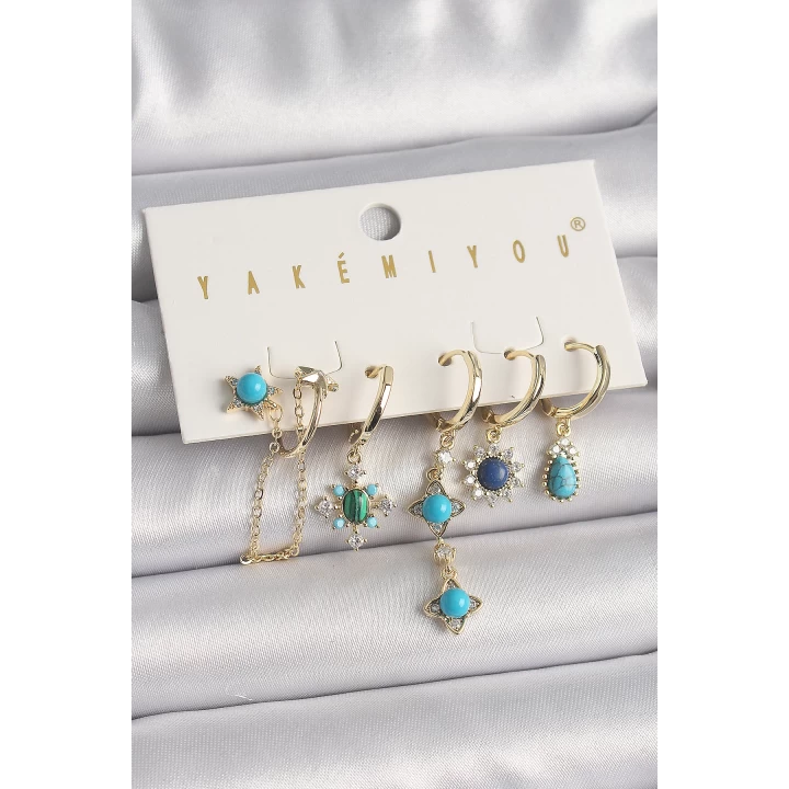 Pirinç Gold Renk Zirkon Taşlı Mavi Boncuklu Çiçek Model VIP Seri Kadın Küpe Kombini - TJ-BKP10056