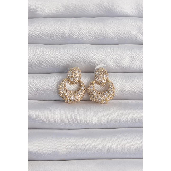 Pirinç Gold Renk Zirkon Taşlı Oval Form Küpe - TJ-BKP9273