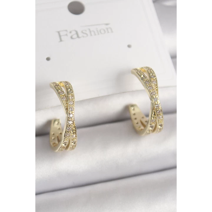 Pirinç Gold Renk Zirkon Taşlı Sarmal Halka Model Kadın Küpe - TJ-BKP9899