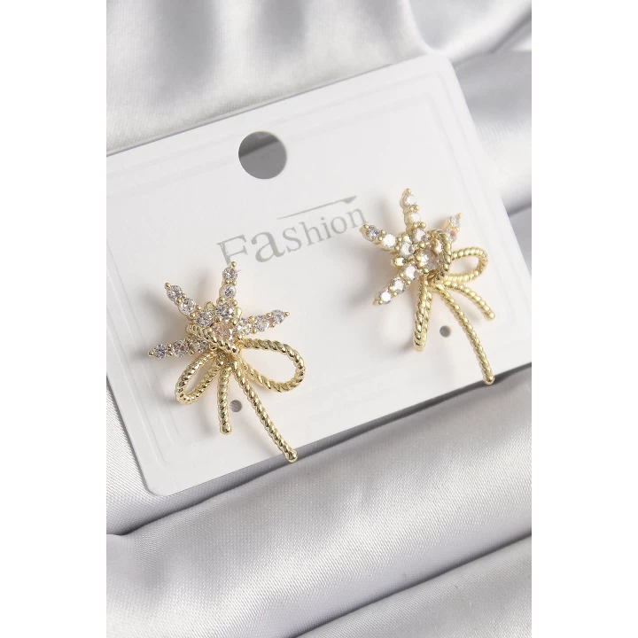 Pirinç Gold Renk Zirkon Taşlı Yıldız Düğüm Model Kadın Küpe - TJ-BKP9951