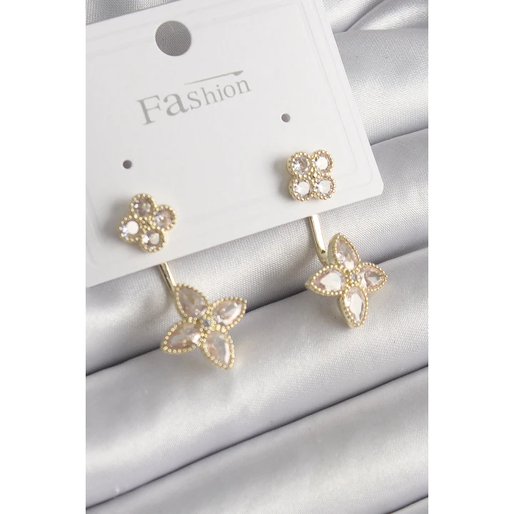 Pirinç Gold Renk Zirkon Taşlı Yonca Model Kadın Küpe - TJ-BKP9967