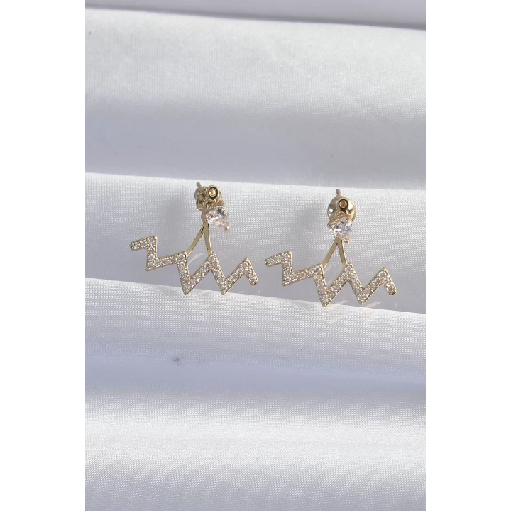 Pirinç Gold Renk Zirkon Taşlı Zikzak Küpe - TJ-BKP9303