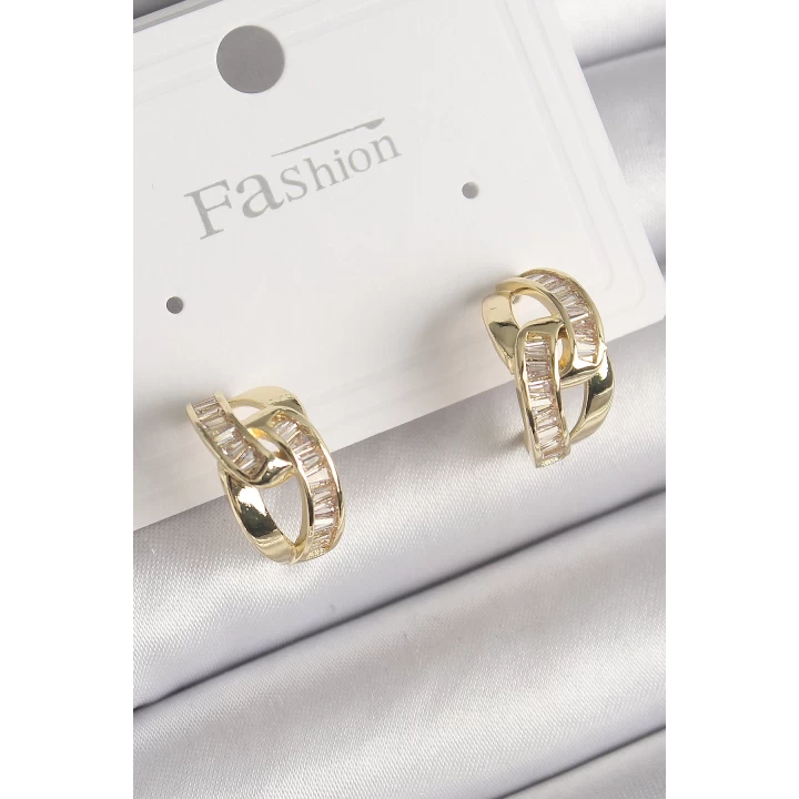 Pirinç Gold Renk Zirkon Taşlı Zincir Model Kadın Küpe - TJ-BKP9794