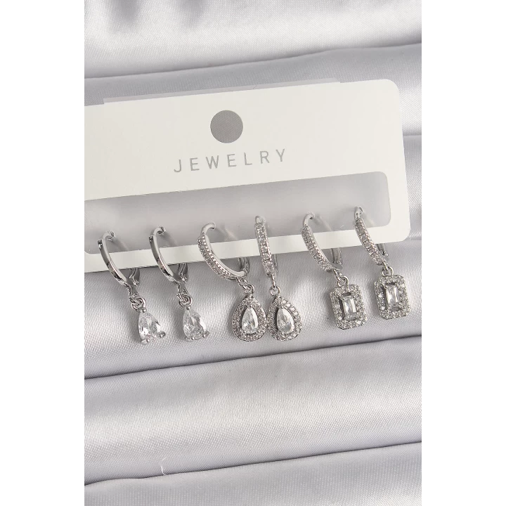 Pirinç Gümüş Renk Sallantı Zirkon Taşlı Damla Model Kadın Küpe Seti - TJ-BKP10121