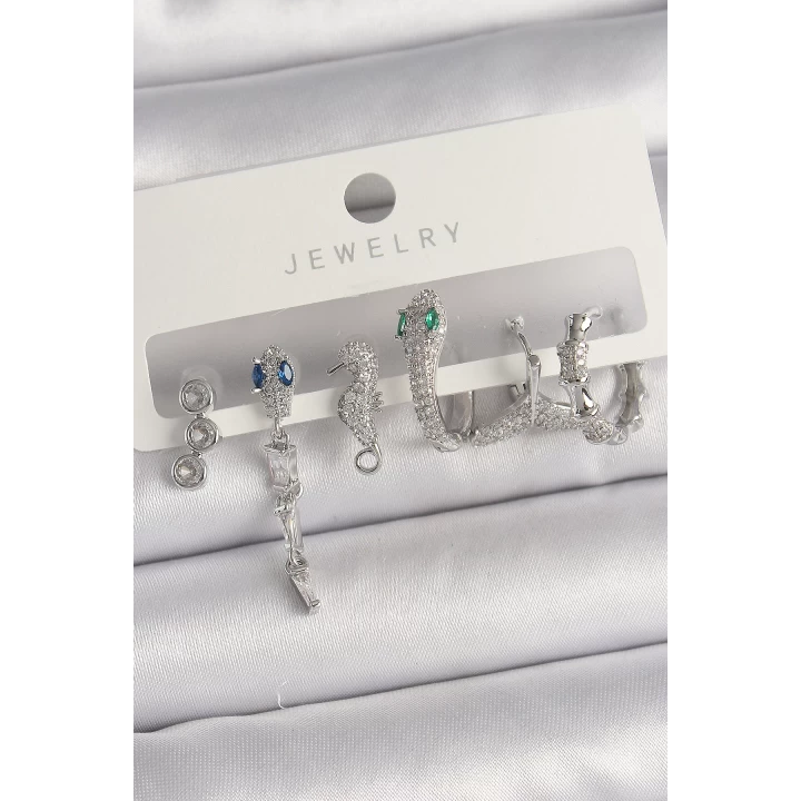 Pirinç Gümüş Renk Sallantı Zirkon Taşlı Yılan Model Kadın Küpe Seti - TJ-BKP10133