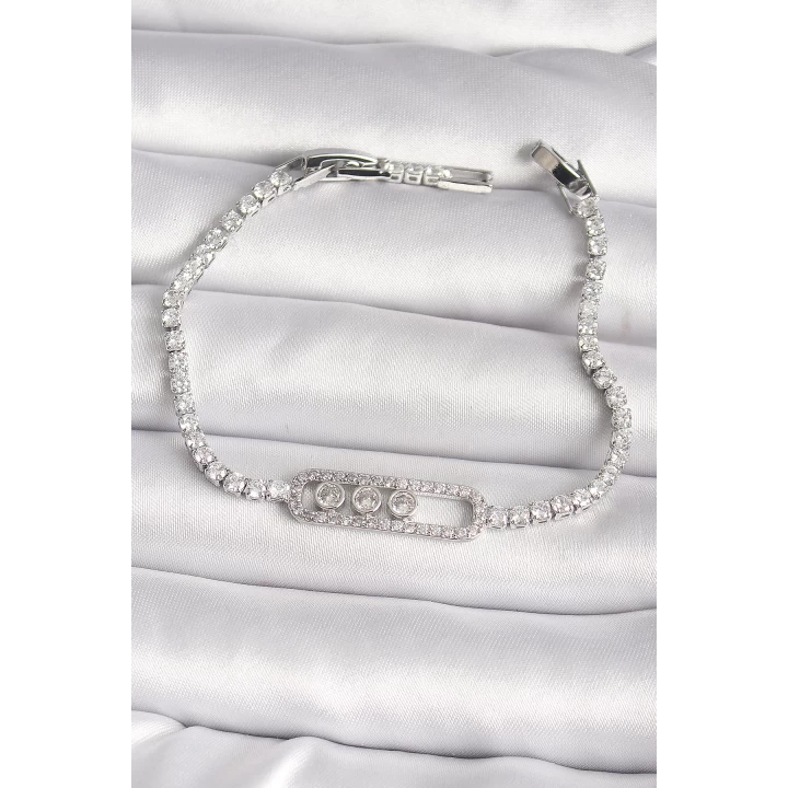 Pirinç Gümüş Renk Su Yolu Zirkon Taşlı Messika Model Kadın Bileklik - TJ-BB6628