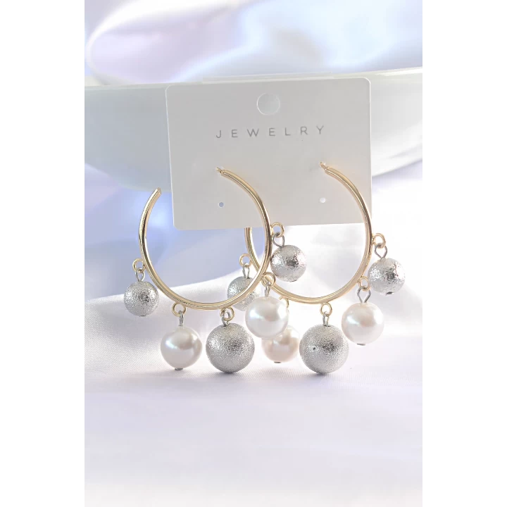 Pirinç Gümüş Renk Topçuk Model Gold Renk Halka Küpe - TJ-BKP8907