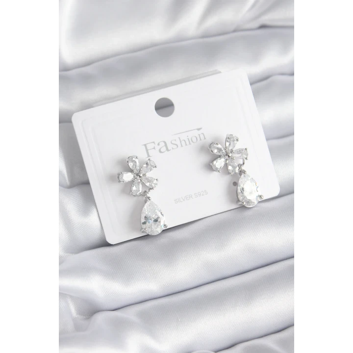 Pirinç Gümüş Renk Zirkon Taşlı Çiçek Model Damla Model Kadın Küpe - TJ-BKP8400